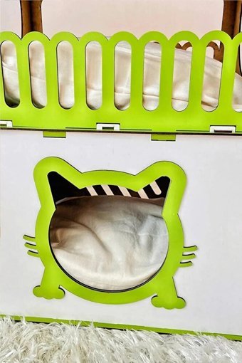 Mavi Trend Üçgen İki Katlı İç Mekan Ahşap Kedi Evi Beyaz Yeşil