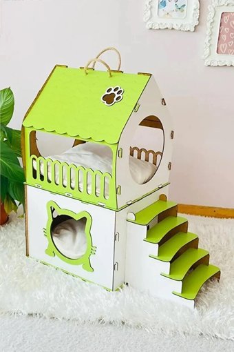 Mavi Trend Üçgen İki Katlı İç Mekan Ahşap Kedi Evi Beyaz Yeşil