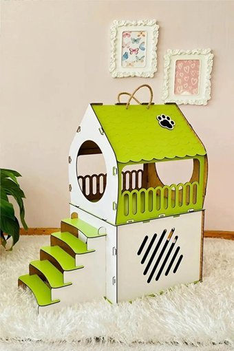 Mavi Trend Üçgen İki Katlı İç Mekan Ahşap Kedi Evi Beyaz Yeşil