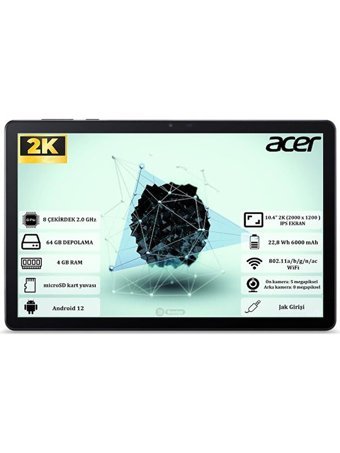 Acer Tab P10 64 GB Android 4 GB Ram 10.4 inç Tablet Siyah