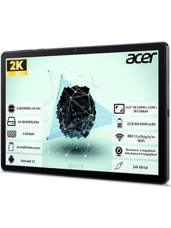 Acer Tab P10 64 GB Android 4 GB Ram 10.4 inç Tablet Siyah