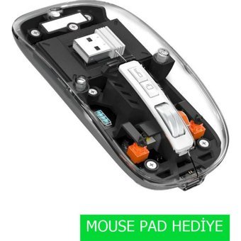 Jolita Sessiz Kablosuz Mouse, 2.4ghz+Bluetooth 5.0 Şarj Edilebilir Mouse, 2400 Dpı Şeffaf Gaming Mouse - Siyah
