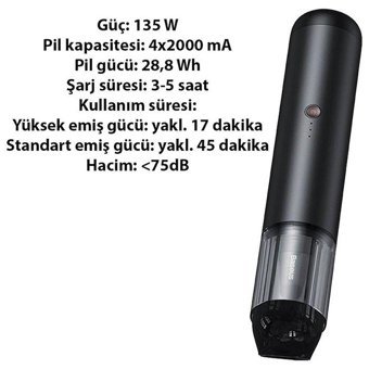 Baseus Hepa Filtreli 125 W Şarjlı Dikey Süpürge Siyah