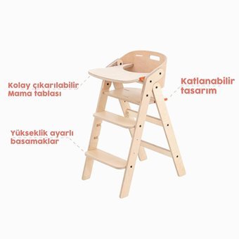 Mamatoyz Ahşap 30 kg Kapasiteli Tepsili Katlanır Portatif Mama Sandalyesi