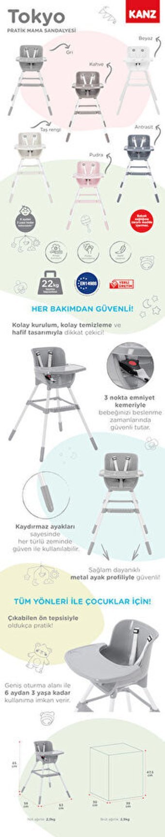 Kanz Tokyo Plastik Emniyet Kemeri 22 kg Kapasiteli Tepsili Mama Sandalyesi Kahverengi