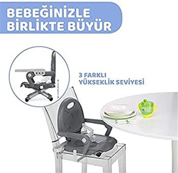 Chicco Booster Seat Pocket Snack Plastik Emniyet Kemeri 15 kg Kapasiteli Tepsili Katlanır Portatif Mama Sandalyesi Gri