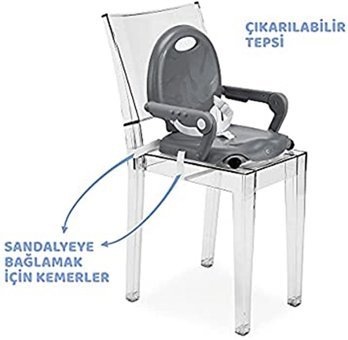 Chicco Booster Seat Pocket Snack Plastik Emniyet Kemeri 15 kg Kapasiteli Tepsili Katlanır Portatif Mama Sandalyesi Gri