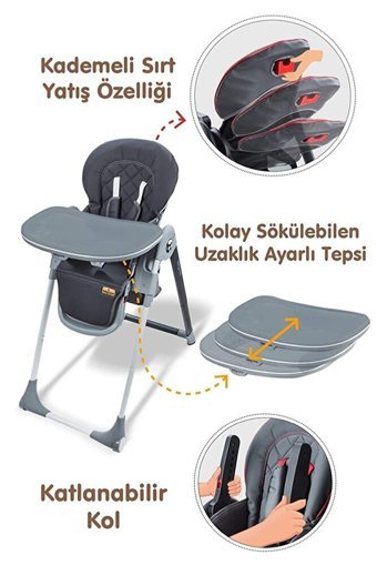 Baby Care BC-515 Multiflex Plastik Emniyet Kemeri 15 kg Kapasiteli Tekerlekli Tepsili Katlanır Portatif Mama Sandalyesi Gri