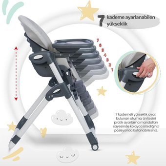 Tommybaby Metal Emniyet Kemeri 15 kg Kapasiteli Tepsili Katlanır Mama Sandalyesi Gri
