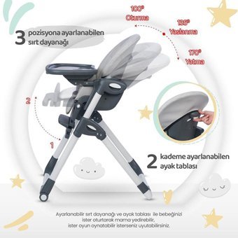 Tommybaby Metal Emniyet Kemeri 15 kg Kapasiteli Tepsili Katlanır Mama Sandalyesi Gri