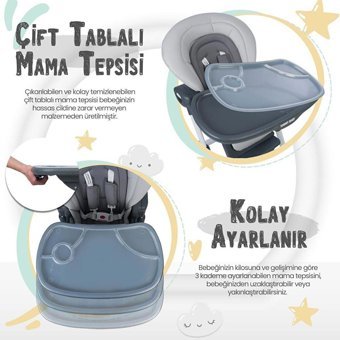 Tommybaby Metal Emniyet Kemeri 15 kg Kapasiteli Tepsili Katlanır Mama Sandalyesi Gri