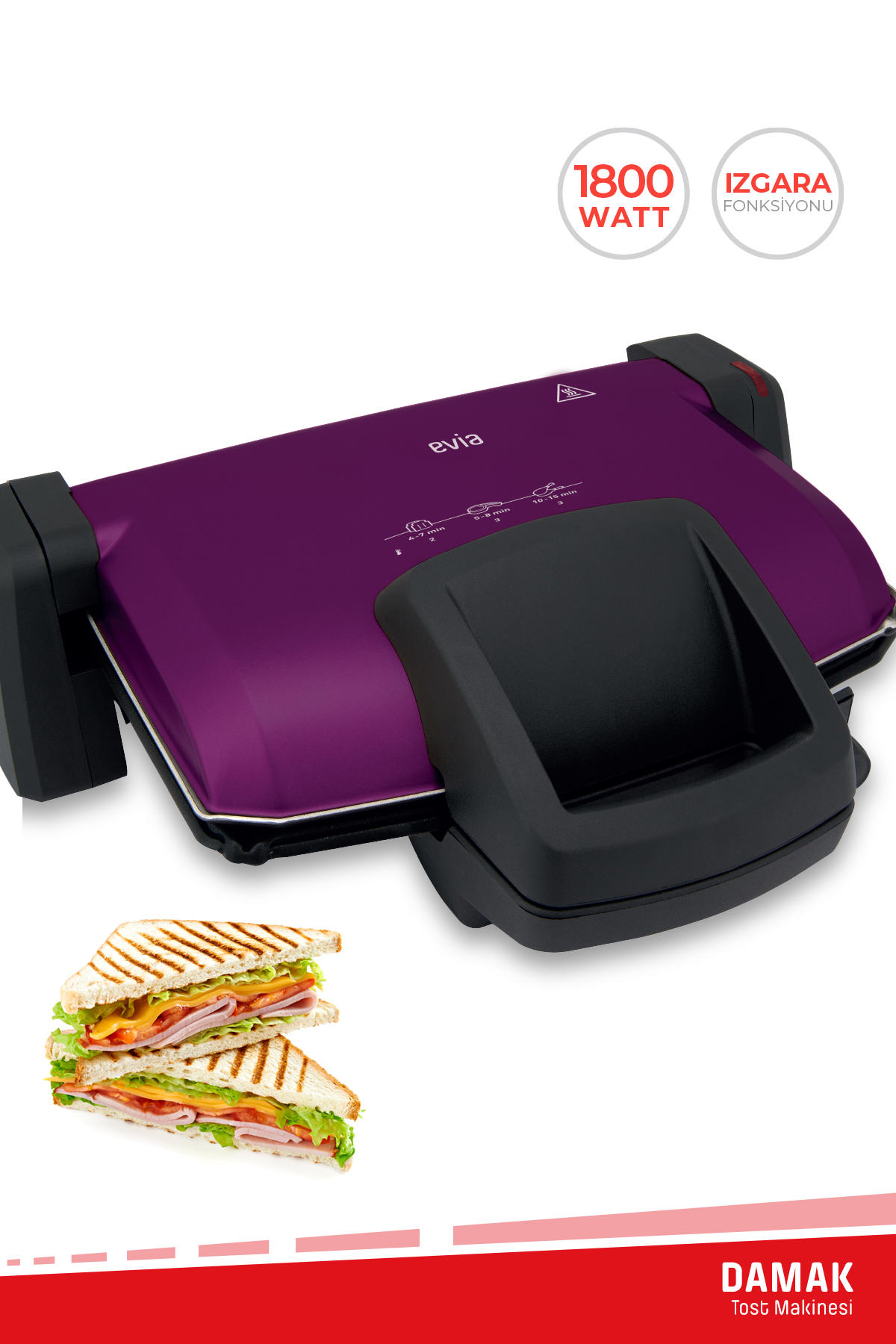 Evia Damak 6 Dilim Teflon Çıkarılabilir Plaka 1800 W Izgara Mor Tost Makinesi