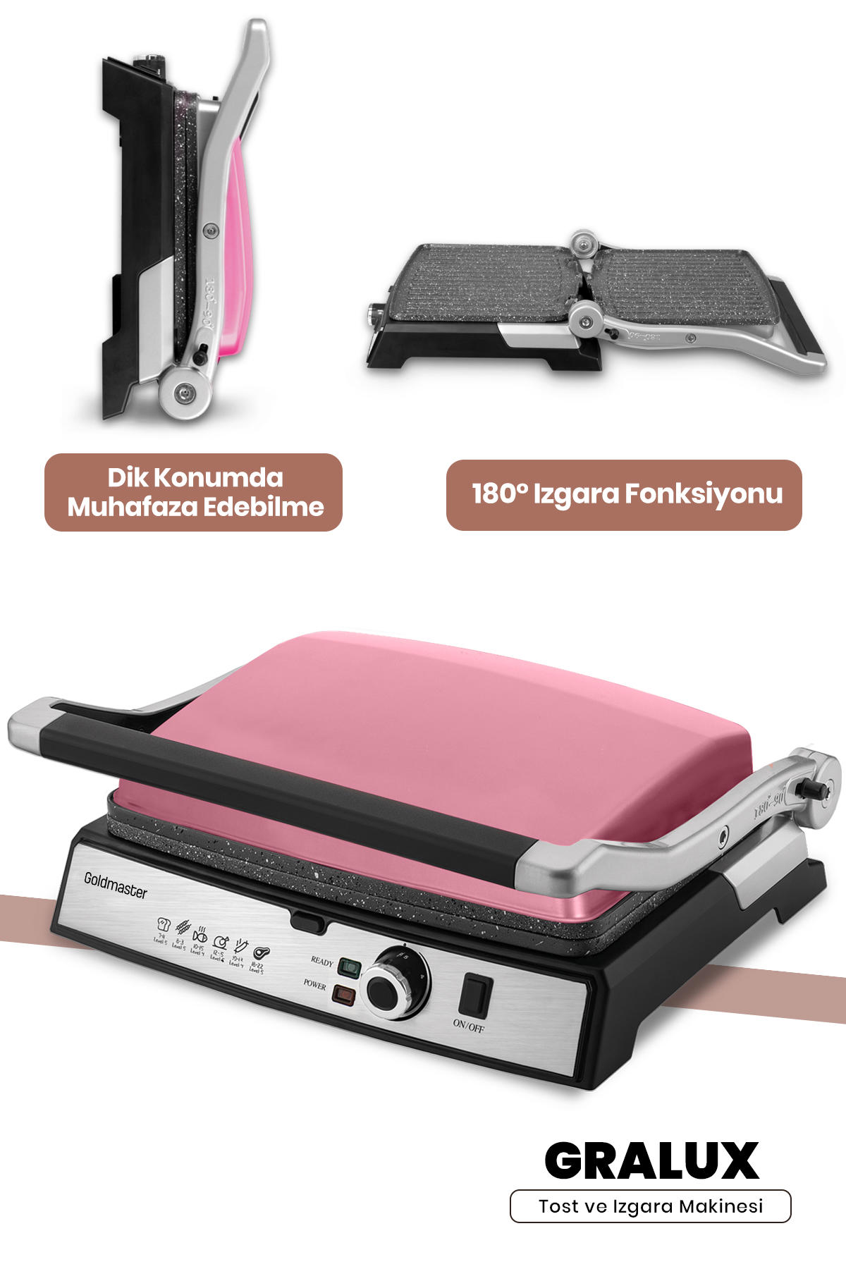 Goldmaster Gralux 6 Dilim Granit Çıkarılabilir Plaka 2000 W Izgara Pembe Tost Makinesi