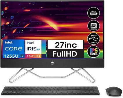 HP AIO 78J87EA02 Intel Iris Xe Graphics Intel Core i7 1255U 8 GB Ram DDR4 512 GB SSD 27 inç Full HD FreeDos All in One Bilgisayar