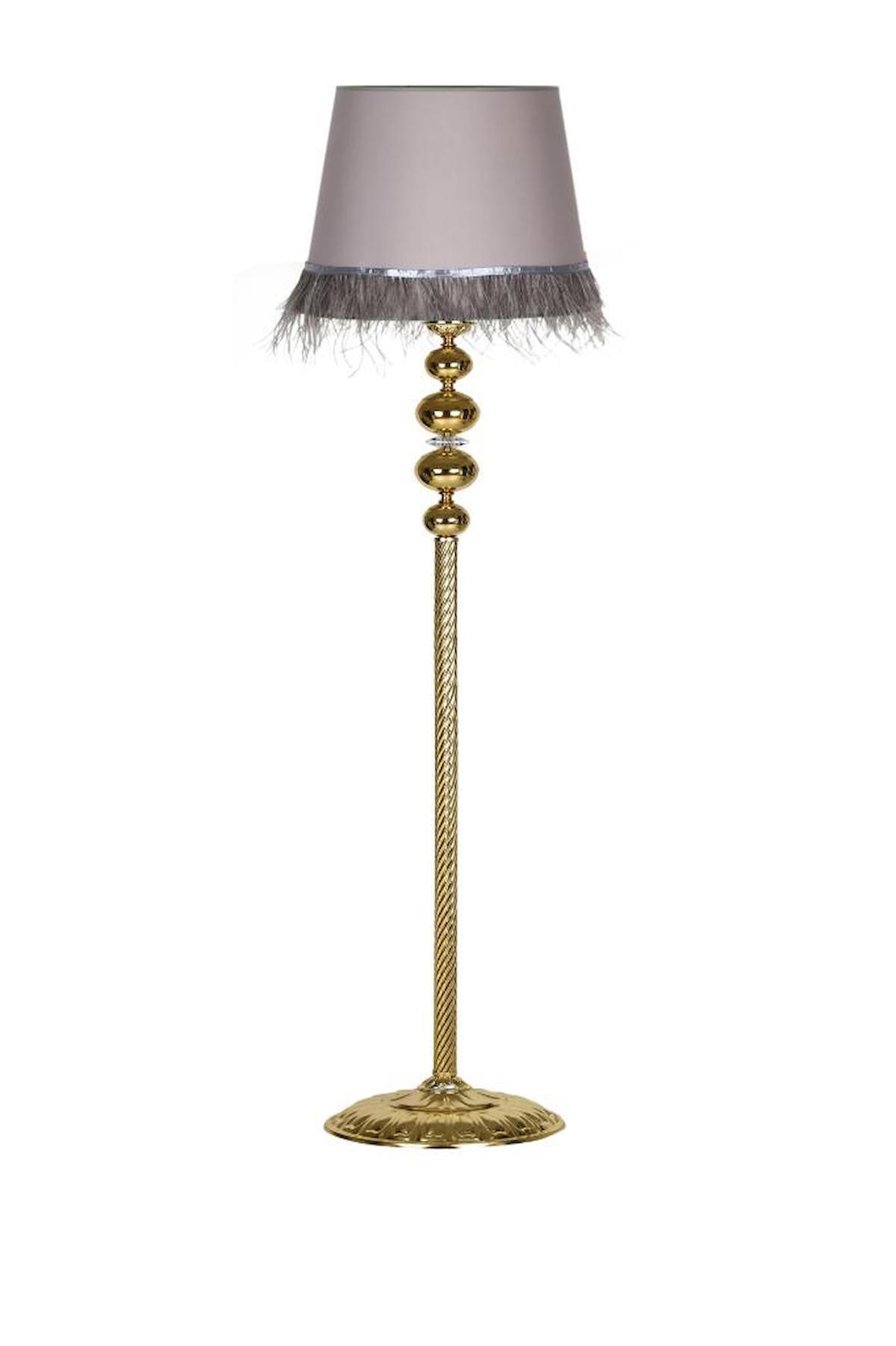 Vinner Gold Burgulu 4'lü Küre Kristal Vintage Tekli Metal Tek Ayaklı Şapka Lambader Gri