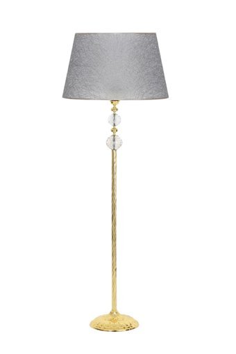 Vinner Gold Kaplama Çift Kristal Küre Detaylı Burgulu Modern Tekli Metal Tek Ayaklı Şapka Lambader Kırçıllı Gri