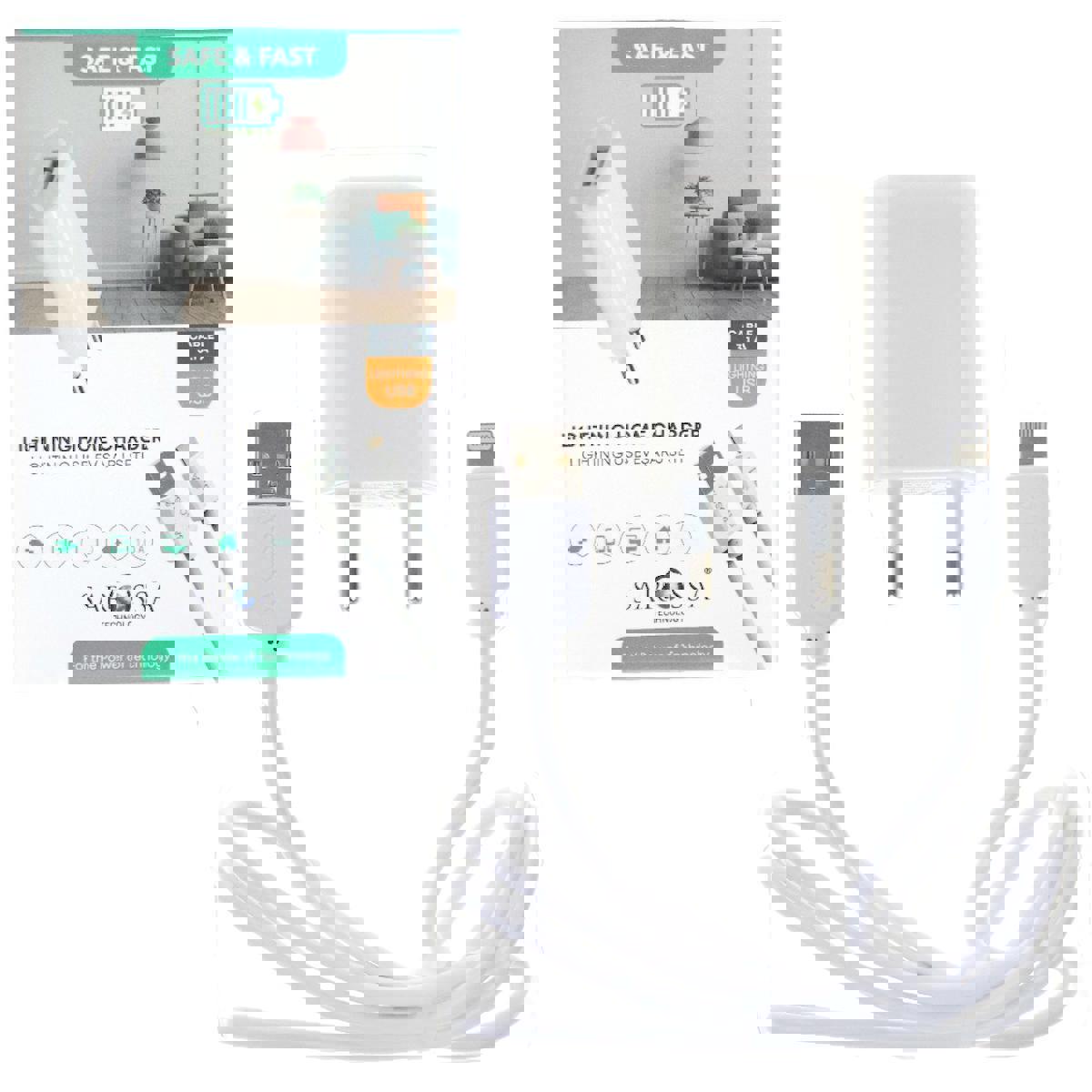 Sarossa Teknoloji iPhone Lightning Kablolu Hızlı Şarj Aleti Beyaz