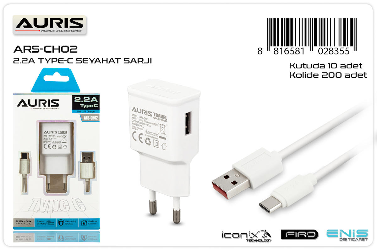 Auris ARS-CH02 Universal Type-C Kablolu Hızlı Şarj Aleti Beyaz
