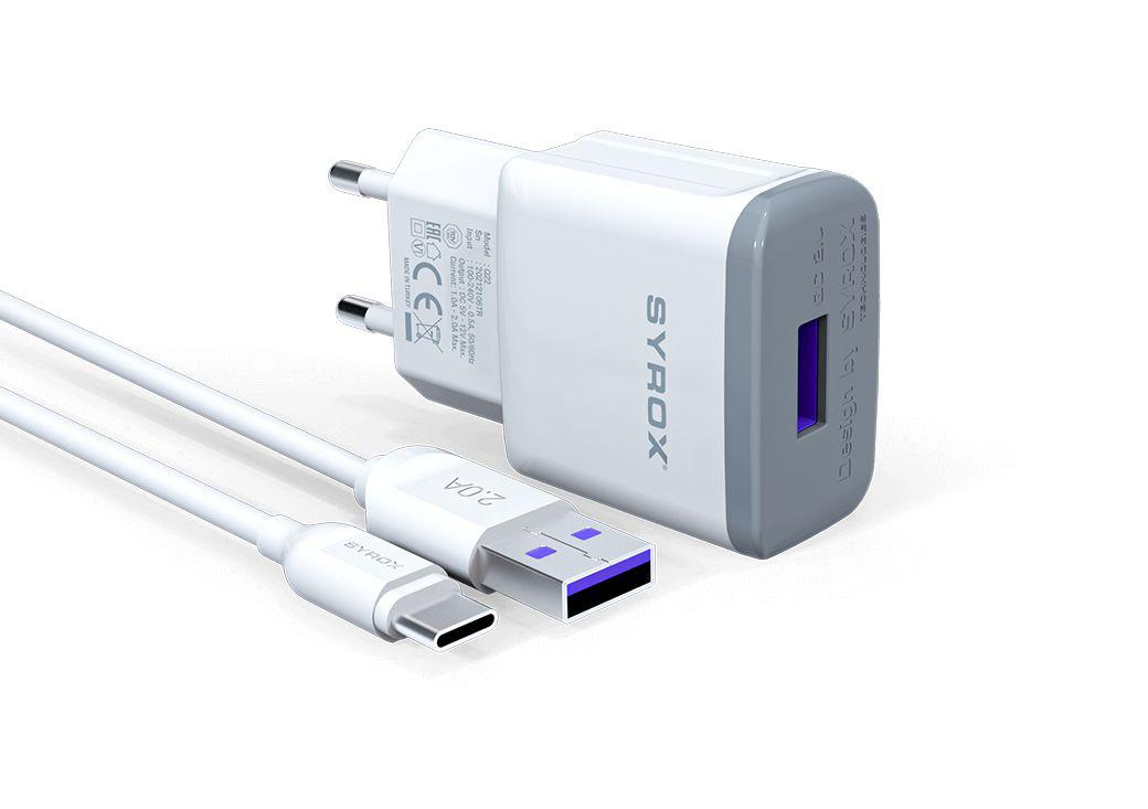 Syrox EU-17 Xiaomi Type-C Kablolu 2 Amper Hızlı Şarj Aleti Beyaz