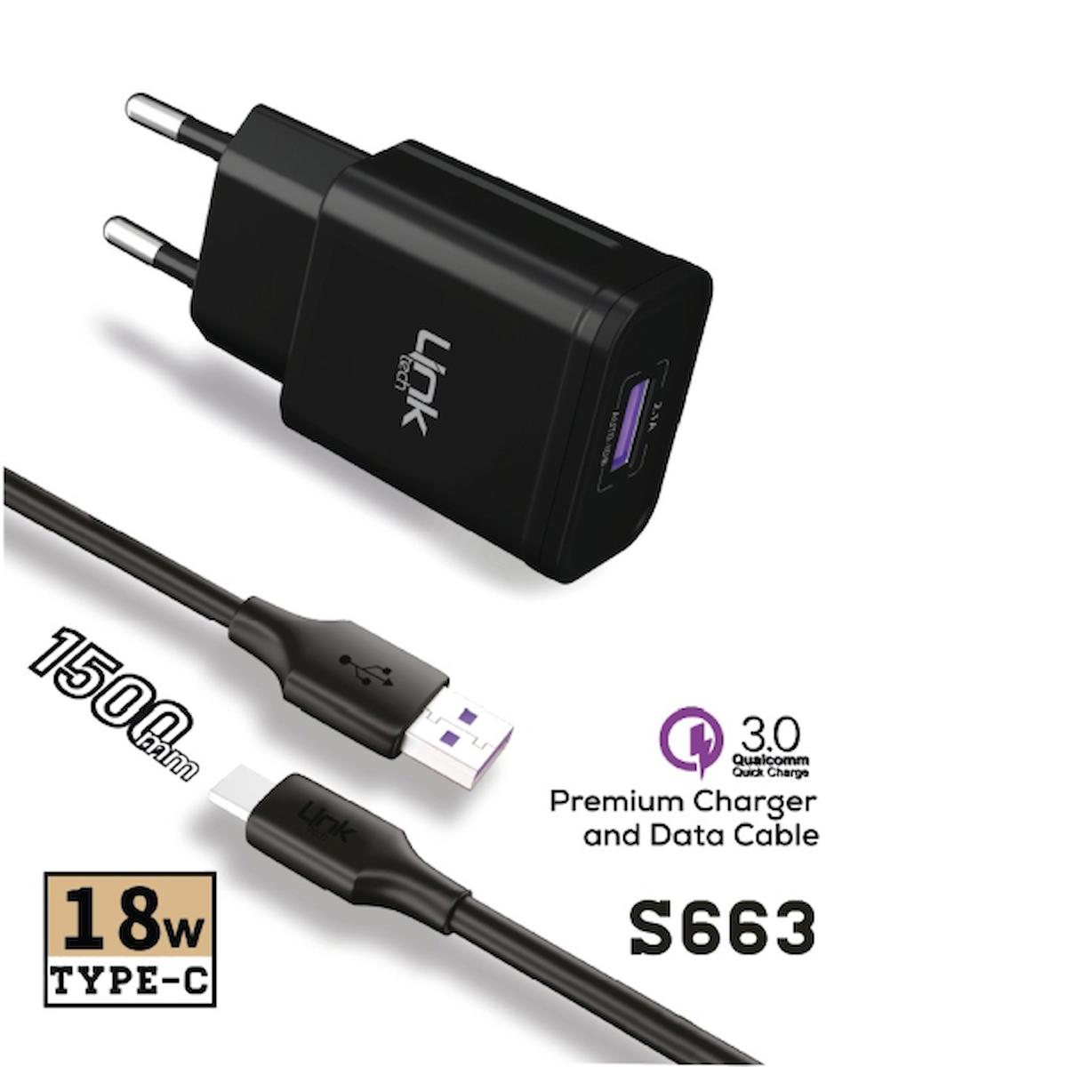 Linktech S663 Universal Type-C Kablolu Hızlı Şarj Aleti Siyah