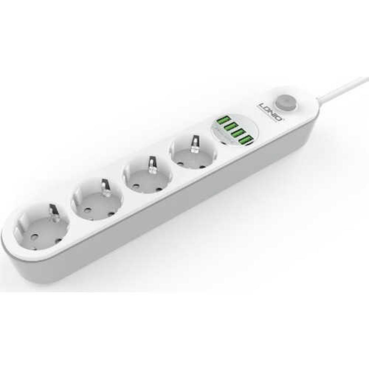 LDNIO SE4432 USB Girişli Topraklı İç Mekan 4'lü Elektrik Prizi Beyaz