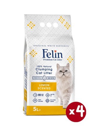 Felin Limon Kokulu Topaklanan İnce Taneli Bentonit Kedi Kumu 4 x 5 lt