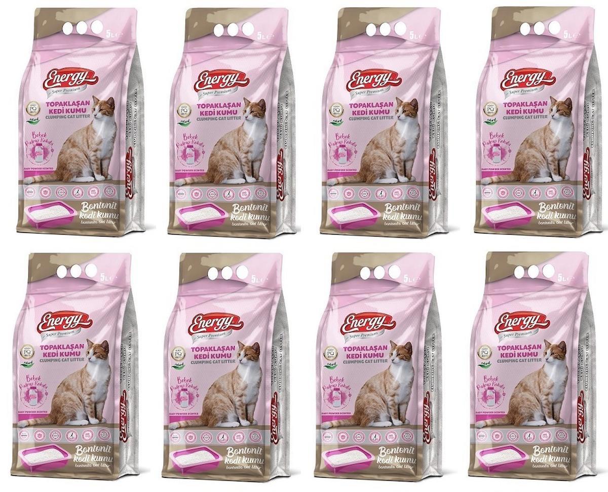 Energy Bebek Pudralı Topaklanan İnce Taneli Bentonit Kedi Kumu 8 x 5 lt