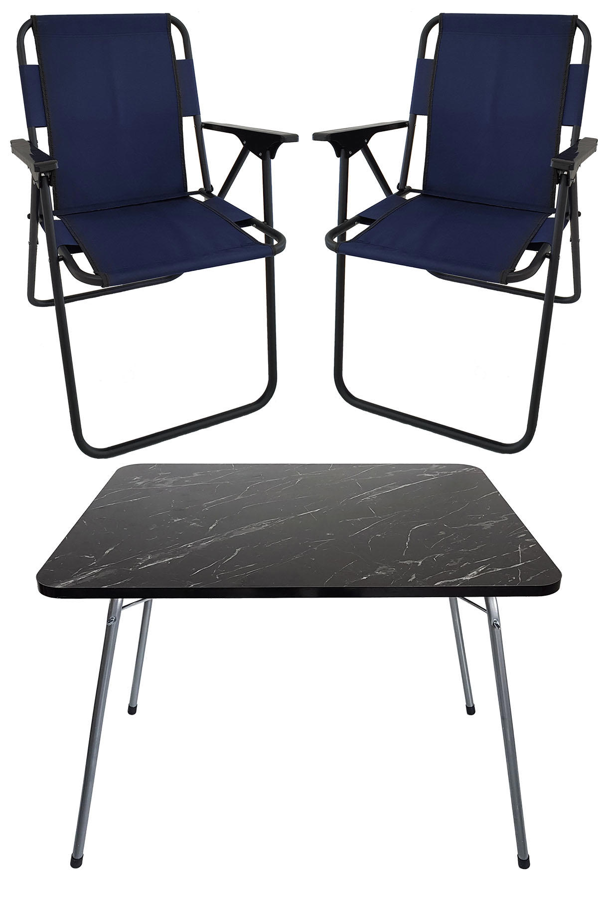 Bofigo 60 x 80 cm Tabureli Çantalı Dikdörtgen Granit Katlanır Kamp Masası Siyah + 2 Adet Katlanır Sandalye
