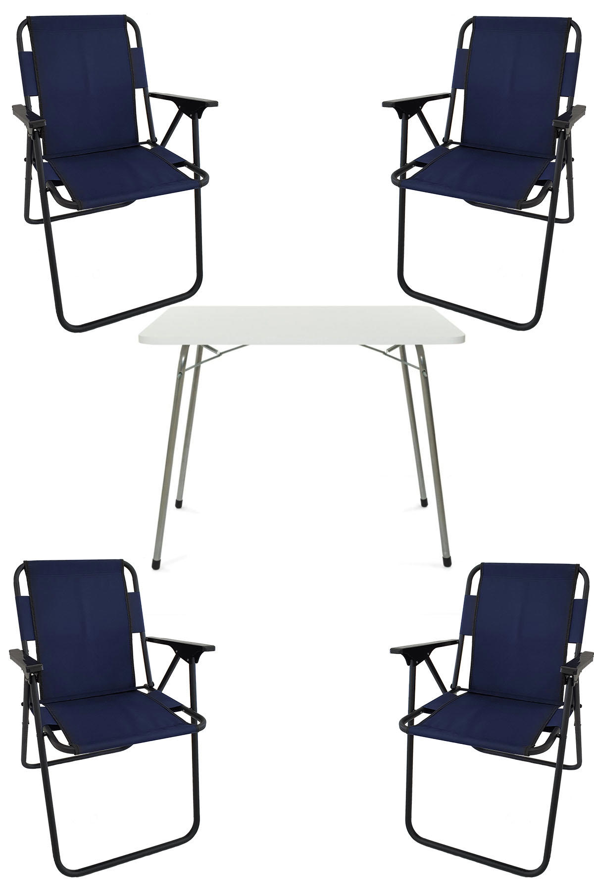 Bofigo 60 x 80 cm Tabureli Çantalı Dikdörtgen Granit Katlanır Kamp Masası Beyaz + 4 Adet Katlanır Sandalye Lacivert