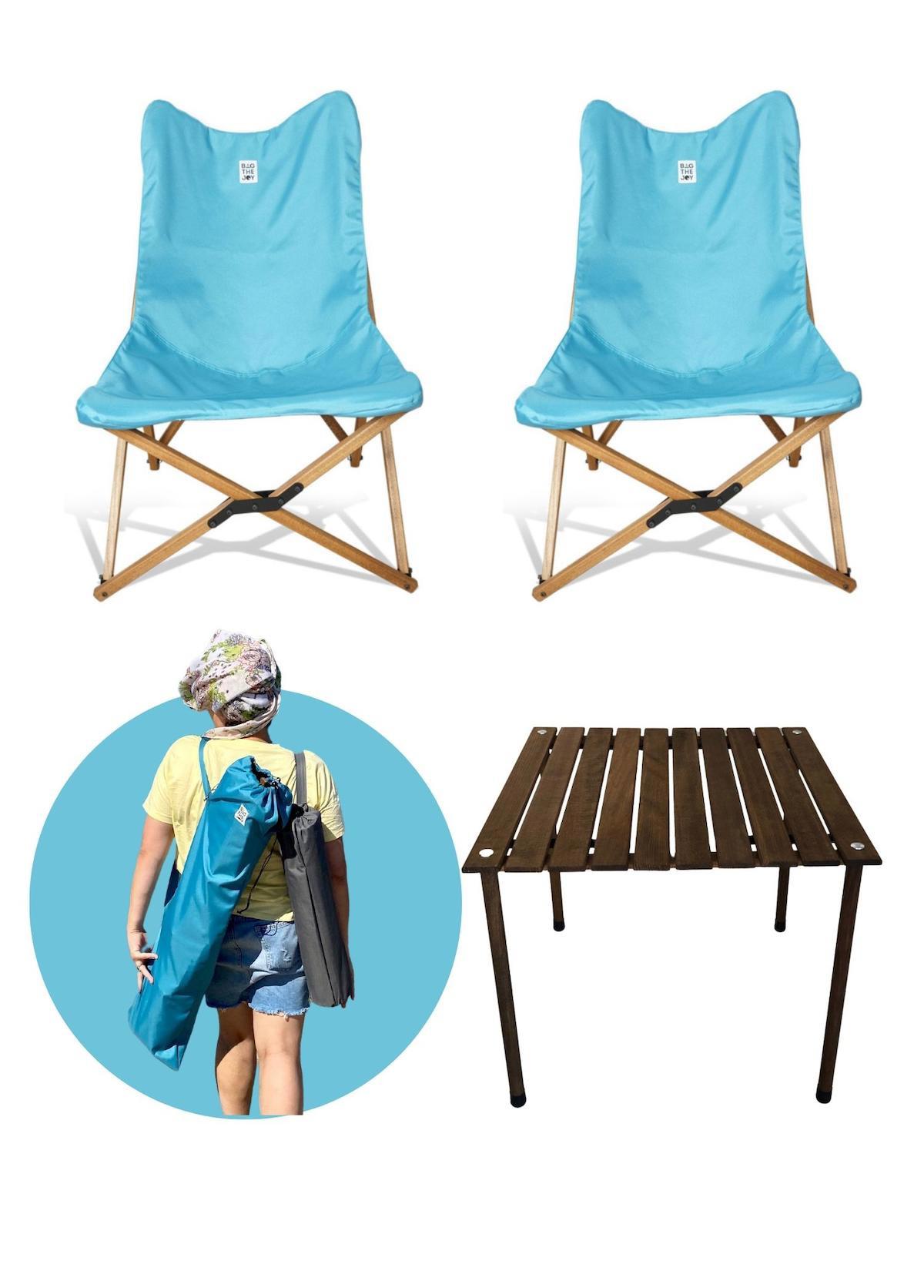 Bag The Joy 60 x 60 cm Tabureli Kare Ahşap Katlanır Kamp Masası Kahverengi + 2 Adet Sandalye Mavi