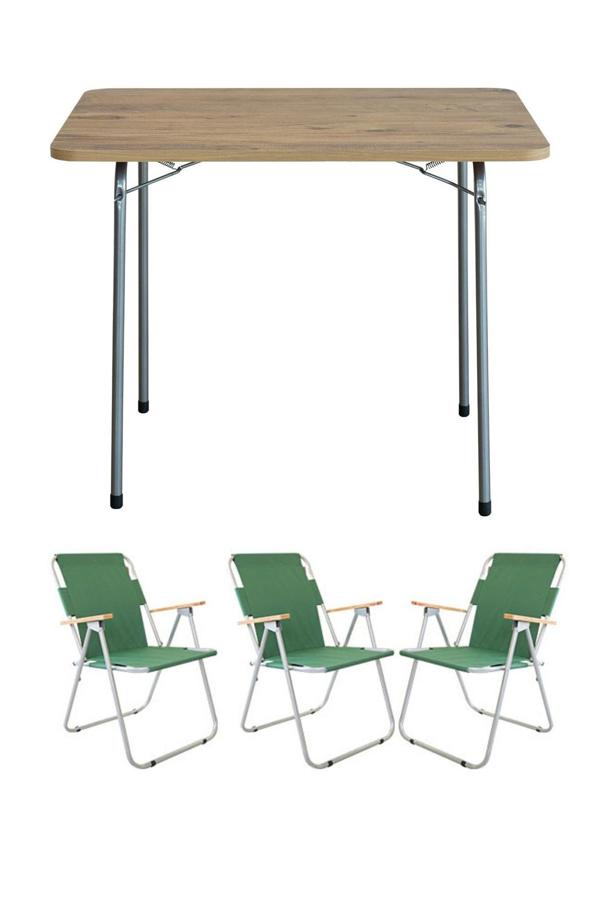 Bofigo 60 x 80 cm Tabureli Çantalı Dikdörtgen Granit Katlanır Kamp Masası Çam + 3 Adet Katlanır Sandalye