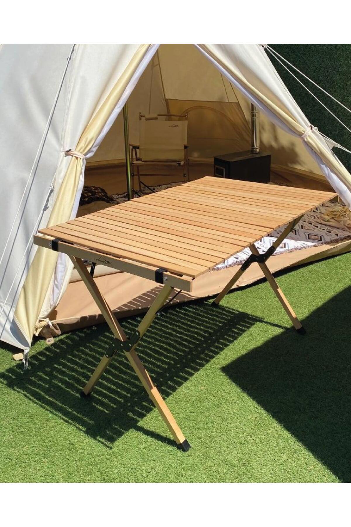 Campout 70 x 110 cm Çantalı Dikdörtgen Ahşap Katlanır Kamp Masası Ahşap Rengi