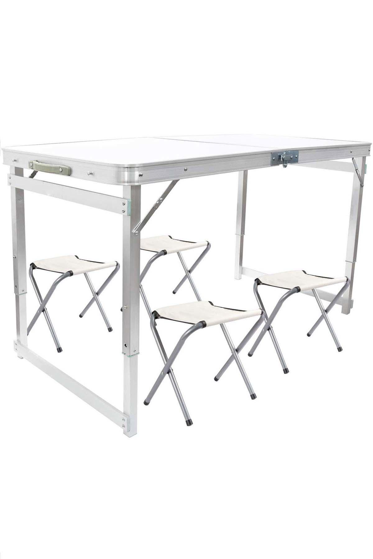 Nurgaz 120 x 60 cm Tabureli Çantalı Dikdörtgen Alüminyum Katlanır Kamp Masası Beyaz