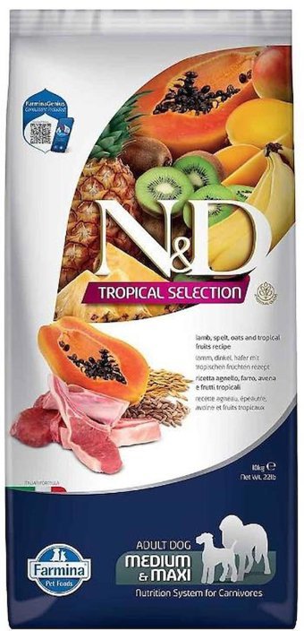 N&D Tropical Selection Kuzu Etli ve Papayalı Büyük ve Orta Irk Yetişkin Kuru Köpek Maması 10 kg