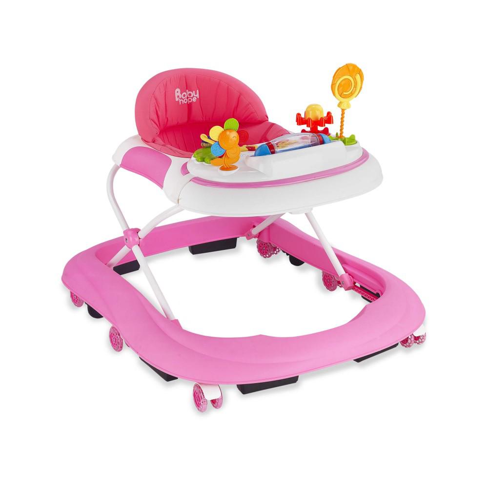Baby Hope 213 Star Çiçekli 6 Tekerlekli Oyuncaklı Sallanan Müzikli Örümcek Yürüteç Pembe