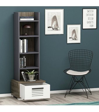 Demonte Decor 6 Bölmeli Çekmeceli 4 Raflı Suntalam 140 cm Antrasit Kitaplık