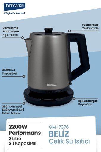 Goldmaster Belizz Çelik 2 lt 2200 W Işıklı Modern İnox Kettle