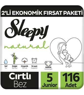 Sleepy Natural 5 Numara Organik Cırtlı Bebek Bezi 2x116 Adet