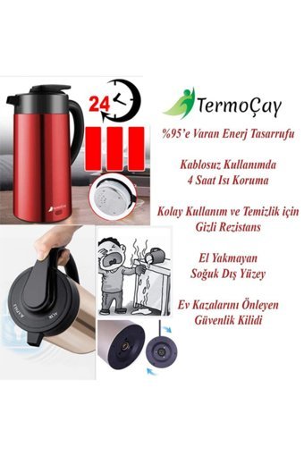 Ezere Termoçay Çelik 2 lt 1000 W Işıklı Modern Kırmızı Kettle