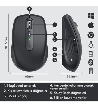 Logitech MX Anywhere 3S Kablosuz Yatay Mouse