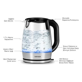 Goldmaster Cam 1.7 lt 2200 W Işıklı Klasik Şeffaf Kettle