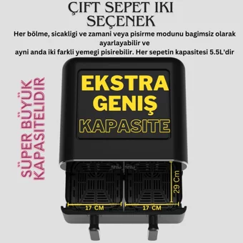 Tigre Cook Duo 3XL Airfryer 11 lt Yağsız Sıcak Hava Fritözü Siyah