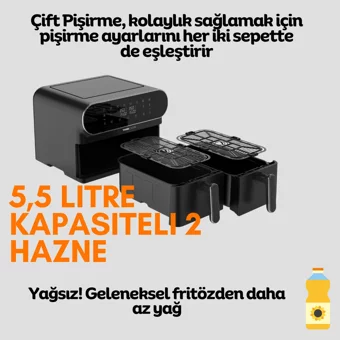 Tigre Cook Duo 3XL Airfryer 11 lt Yağsız Sıcak Hava Fritözü Siyah