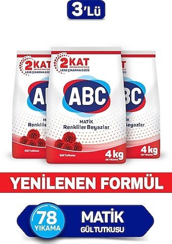 Abc Matik Gül Tutkusu Renkliler ve Beyazlar İçin 78 Yıkama Toz Deterjan 3x4 kg