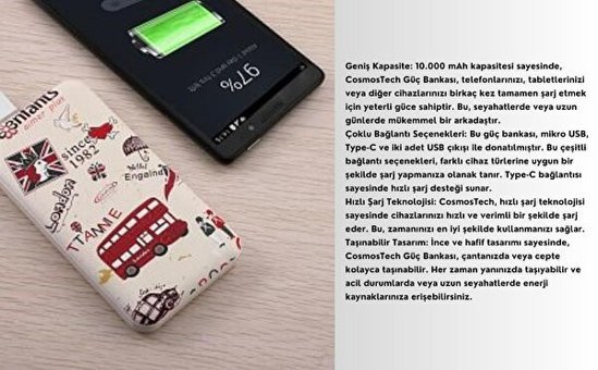Cosmostech Özel Resim England Temalı 10000 mAh Powerbank Çok Renkli