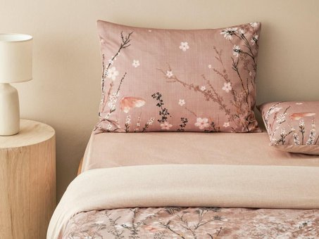 English Home Sweet Spring Baskılı Soft Cotton Tek Kişilik Nevresim Takımı Gül Kurusu