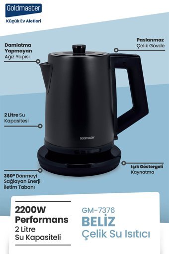 Goldmaster Belizz Çelik 2 lt 2200 W Işıklı Modern Siyah Kettle