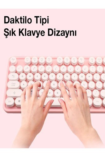 Ally Mofi Retro Daktilo Pembe Kablosuz Klavye Mouse Seti