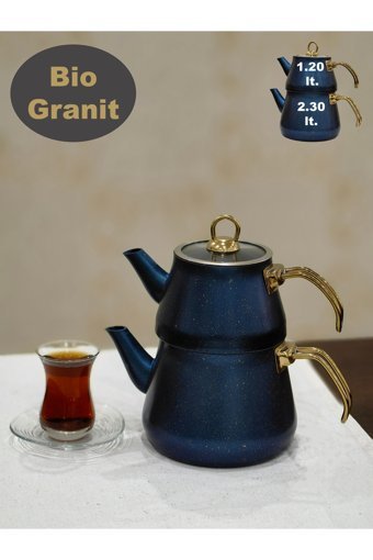 Yunusoğlu Home Granit Kaplama Gold Kulplu Cam Kapak Çaydanlık Mavi