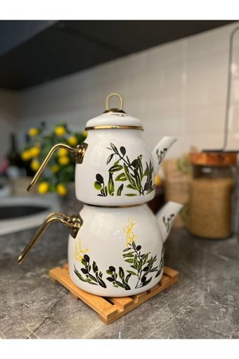 Akkoyunlu Home Zeytin Desenli Emaye Çaydanlık Takımı Yeşil